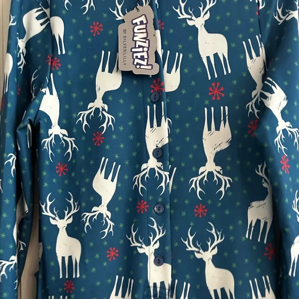 Funziez! Christmas Reindeers Pajama Adult Onesie Holiday Women SMALL Blue PJ NWT